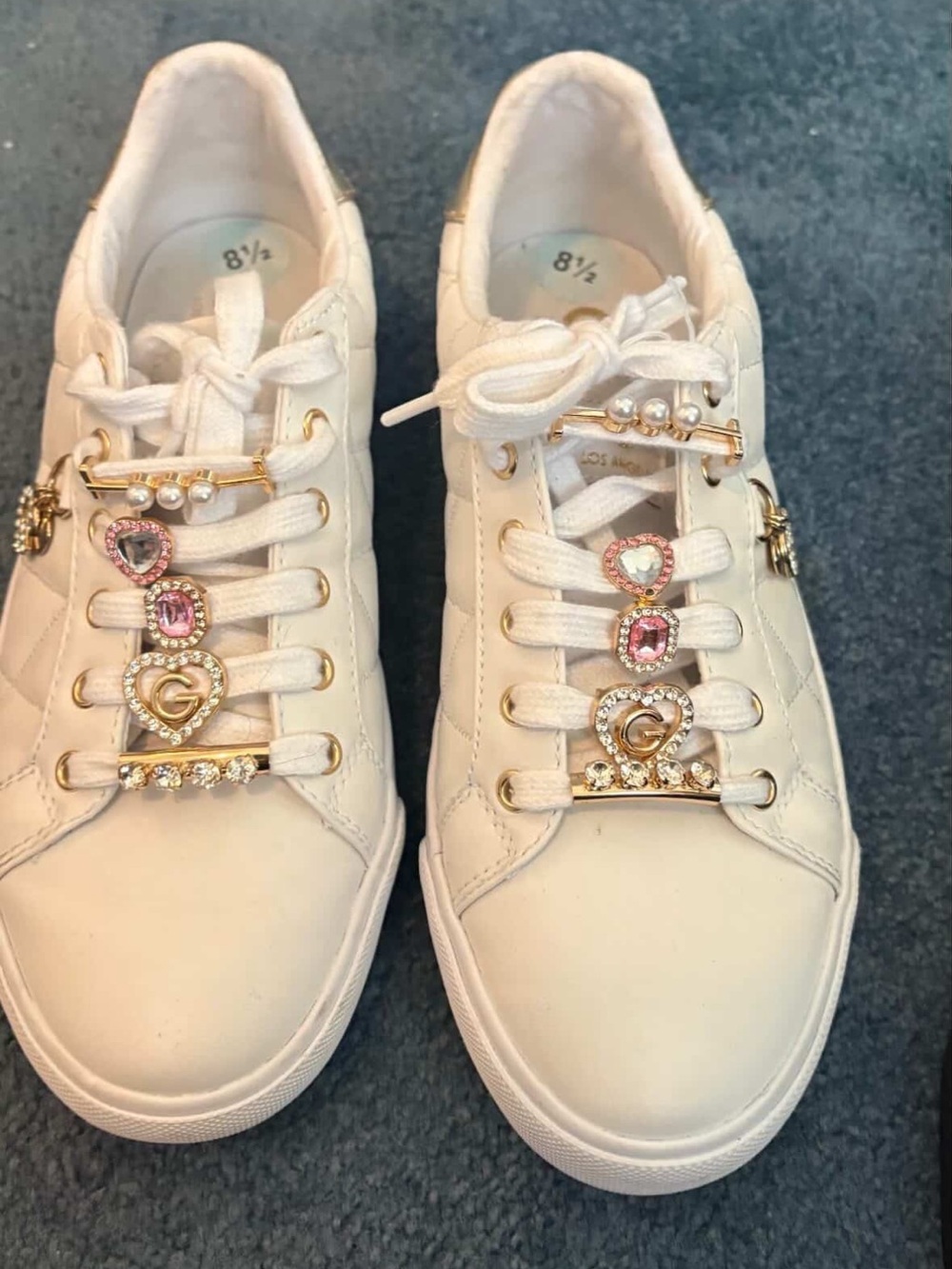 White Sneakers with Pink Gem Embellishments